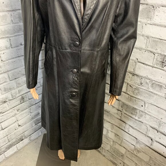 Vintage 90s Black Leather Trench Coat Retro Maxi Long Length Jacket Overcoat - Picture 4 of 16